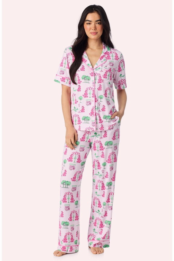 Womens Cozy Stretch Jersey Pajama Set - Short Sleeve Button Down Top & Long Pants