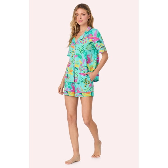 Room Service Womens Cozy Stretch Jersey Pajama Set - Short Sleeve Button Down Top & Shorts