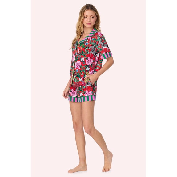 Room Service Womens Cozy Stretch Jersey Pajama Set - Short Sleeve Button Down Top & Shorts