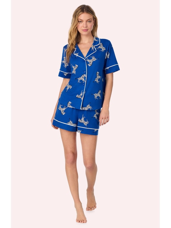 Womens Cozy Stretch Jersey Pajama Set - Short Sleeve Button Down Top & Shorts