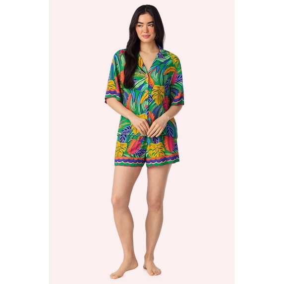 Room Service Womens Lightweight Woven Pajama Set - Short Sleeve Button Down Top & Ruffle Waist Shorts