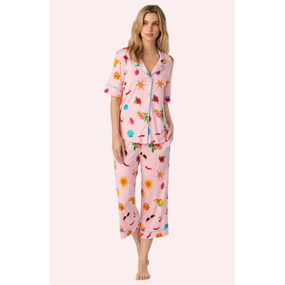 Room Service Womens Stretch Jersey Pajama Set - Short Sleeve Button Down Top & Cropped Pant