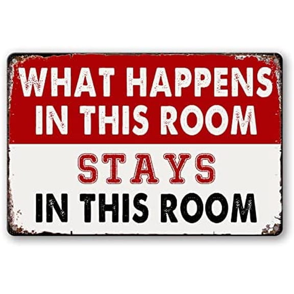 Room Signs Man Cave Wall Decor For Men Funny Metal Tin Bedroom Sign What Happens In This Room Stays In This Room Signs Vintage Dorm Door Decorations For Guys Mens Room Accessories 8 X 12 In