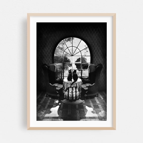 Room Skull - Illustration Black and White Cat Surrealism Vintage Architecture Art Deco Scenic Oak Framed Wall Art Print 24 x 36 inches