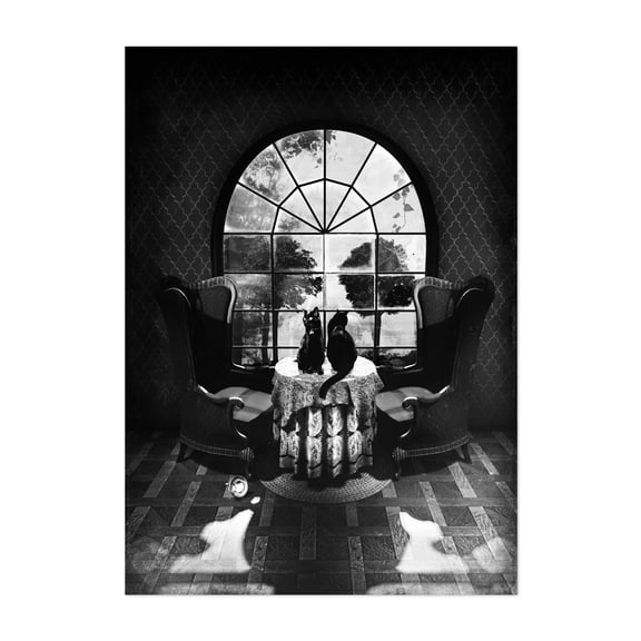 Room Skull - Illustration Black and White Cat Surrealism Vintage Architecture Art Deco Scenic Unframed Wall Art Print 5 x 7 inches