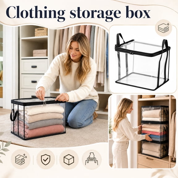 Room Storage Organizer, Large Utility Tote Bag, Storage Container with Lid, Organizer for Closet, 2 Pack 15X13X10 in Heavy Duty Clear Transparent Zippered Storage Bags, Perfect