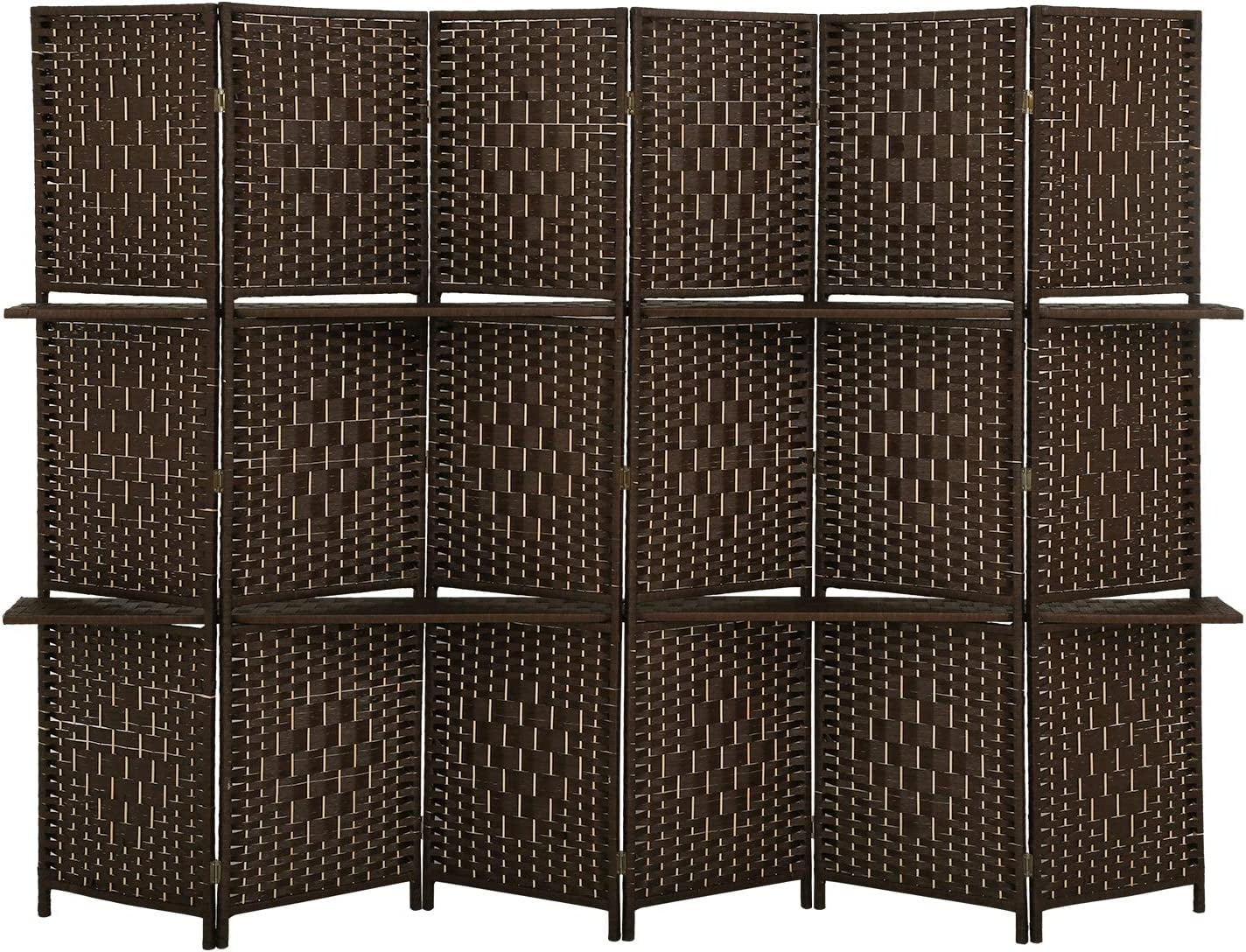 FDW 6 Panel Room Divider Wooden Portable Partition Screen Wood with Removable Storage Shelves Color, Brown
