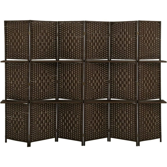 FDW 6 Panel Room Divider Wooden Portable Partition Screen Wood with Removable Storage Shelves Color, Brown