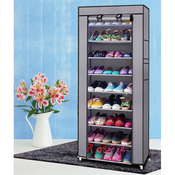 Room-saving 10-Layers 9 Lattices Non-woven Fabric Shoe Storage Rack Organizer Gray