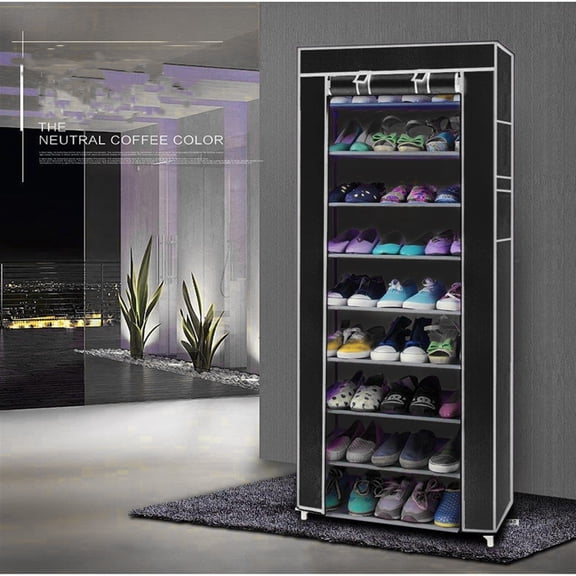 Room-saving Non-woven Fabric Shoe Rack with Dust Cover, 10-Layers 9 Lattices Shoe Storage Organizer with Steel Frame for Room, Entryway, Black
