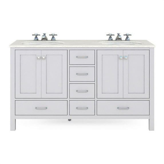 RoomAndLoft Nantucket 60" Wood Bathroom Vanity in Gray - Quartz Top & 2 Basin