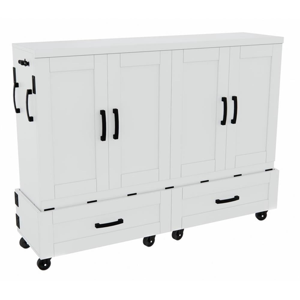 RoomAndLoft Queen Size Mobile Murphy Cabinet Bed in White Solid Wood