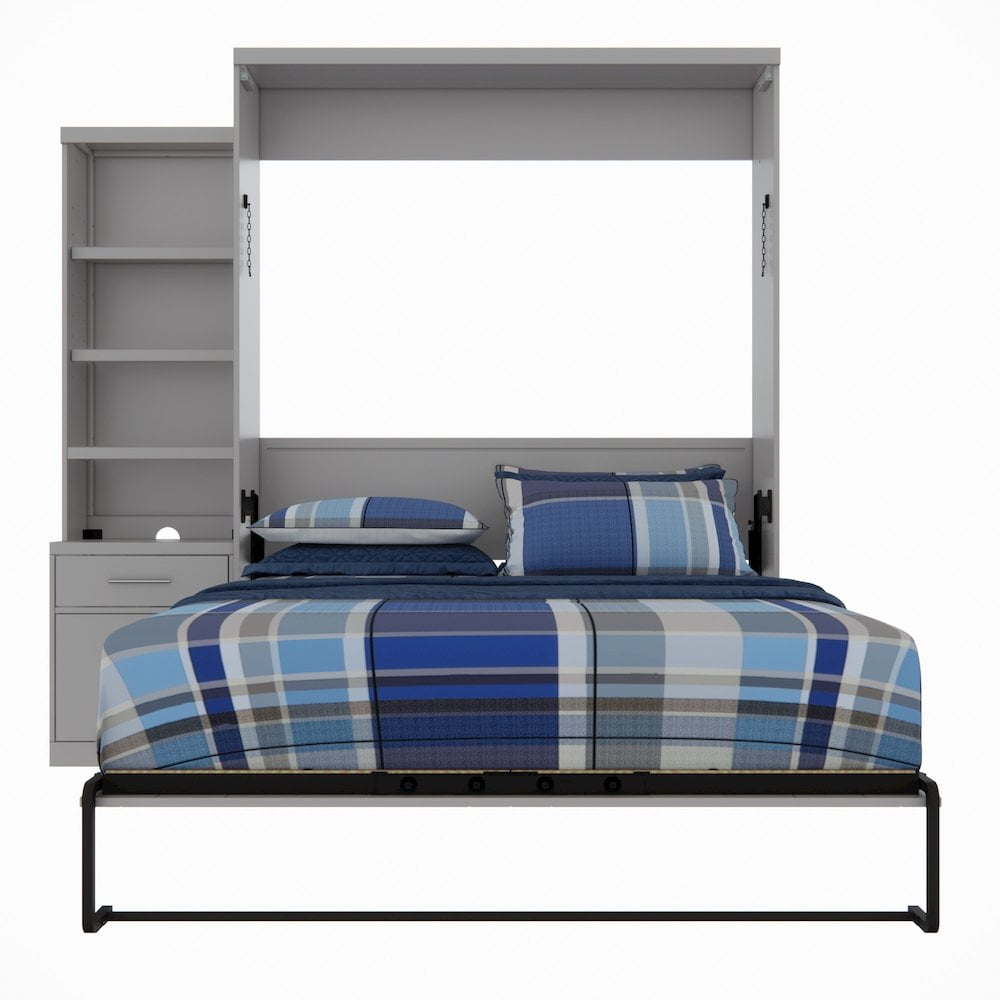 Gray Solid Wood Queen Size Murphy Bed with Storage and Shelves