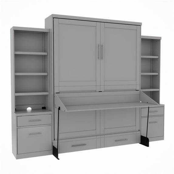 RoomAndLoft Queen Size Murphy Wall Bed with Shelf Storage and in Gray Solid Wood