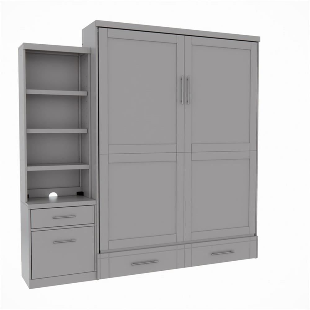 Gray Solid Wood Queen Size Murphy Bed with Storage and Shelves