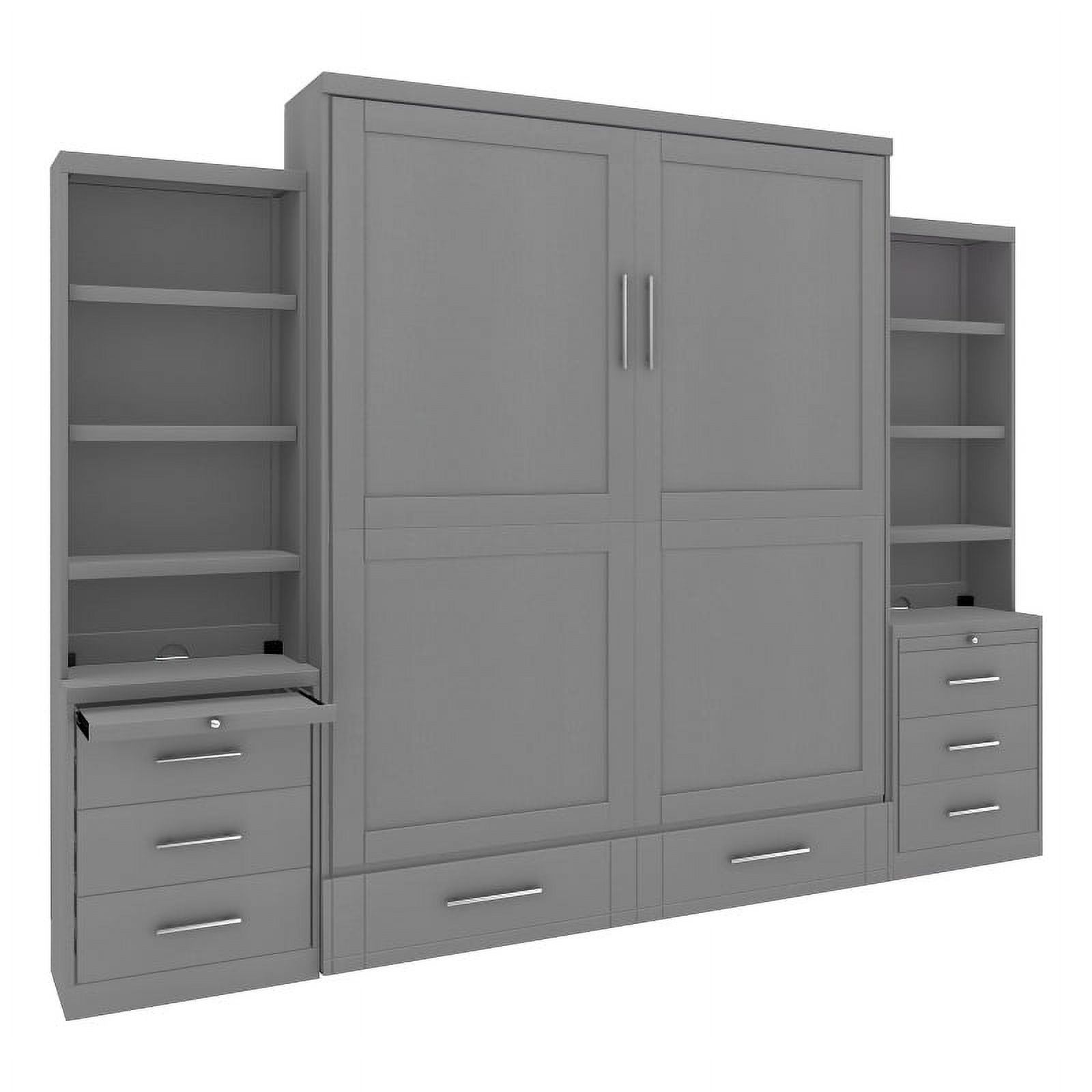 RoomAndLoft Queen Wood Murphy Wall Bed & 2 Shelf Storage Units in Gray