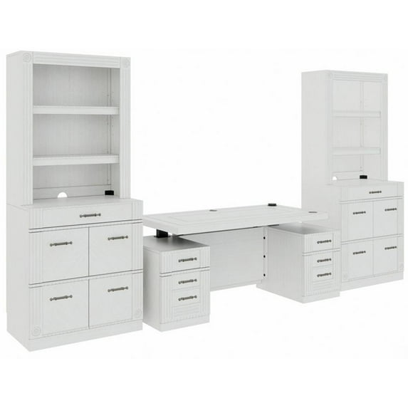 RoomAndLoft Wood Adjustable Height Sit-Stand Storage Desk & 2 Bookcases in White