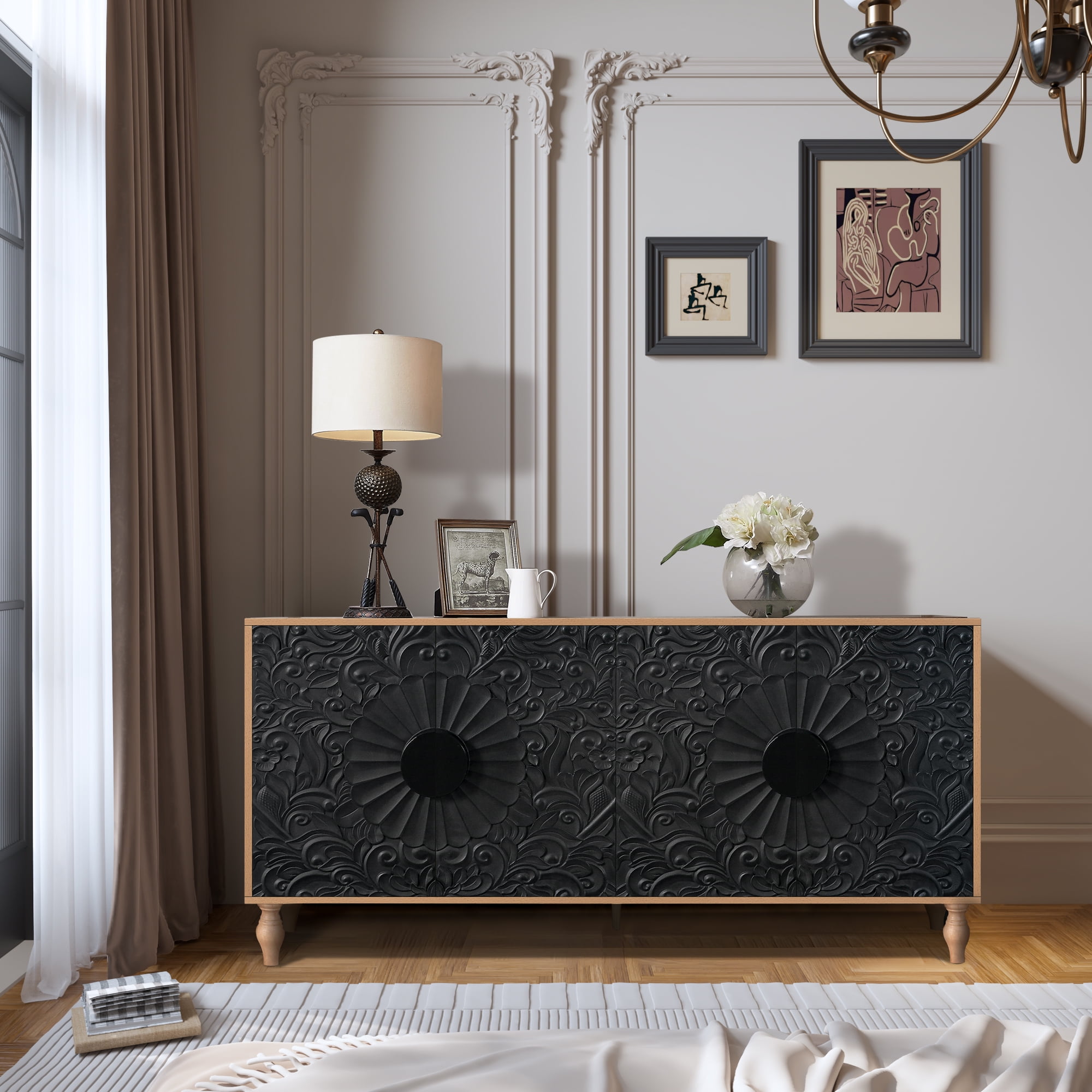 Black Carved Symmetrical Design Door And Wood Coloured Frame For TV Stand Table,Living Room ,Entryway