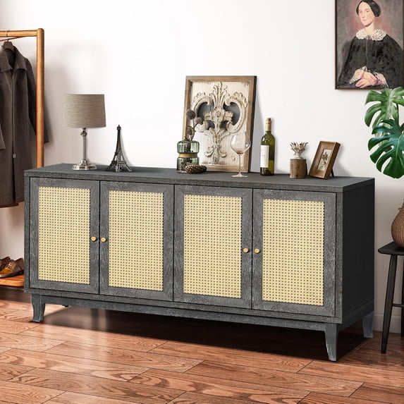 Roomfitters Handcrafted Premium Grain Panels Rattan Sideboard Buffet Cabinet with 4 Rattan Doors - Modern Storage Cupboard Console Table with Adjustable Shelves for Living Room