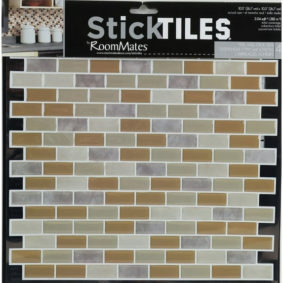 RoomMates Modern Mini Subway Neutrals StickTILES, 4-pack 10.5" X 10.5"