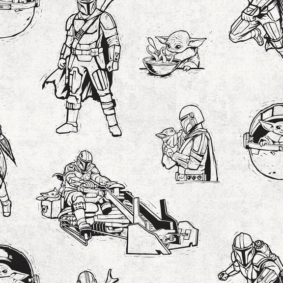 RoomMates StarWarsThe Mandalorian and Grogu Linocut Black Peel and Stick Wallpaper