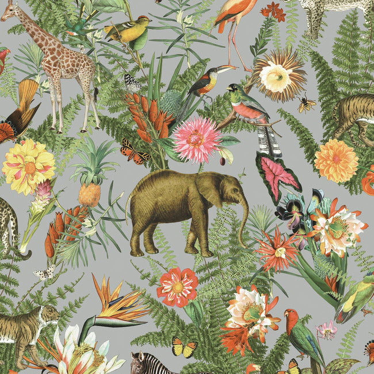 RoomMates Tropical Zoo Gray, Peel & Stick Wallpaper Roll