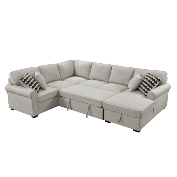 Roomfitters 117" Oversized Sectional Sofa with Storage Chaise, Rolled Arms - U Shaped Sectional Couch, Removable Backrest Cushions, 4 Throw Pillows - Beige Linen - Dorm Apartment Furniture