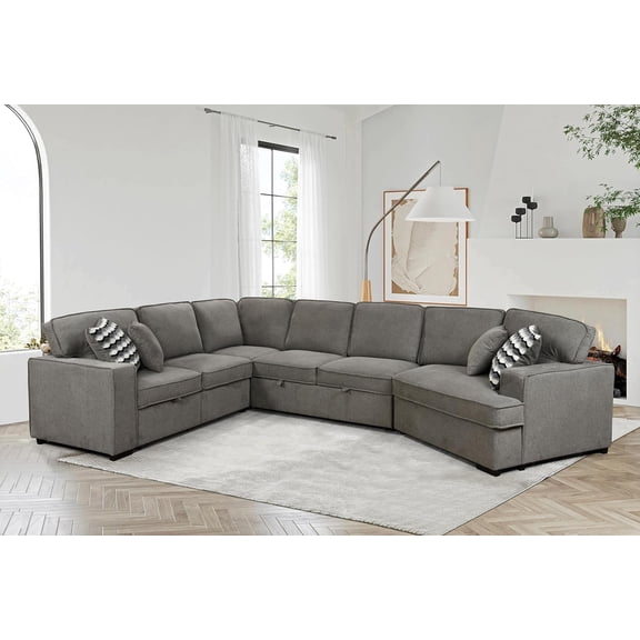 Roomfitters 146" Oversized Upholstered Sectional Pull-Out Sleeper Bed with Chaise Lounge, U-Shaped Sofa with 2 Pull-Out Beds & 4 Pillows, Chic Home Furniture, Light Grey