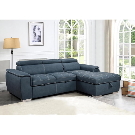 Roomfitters 97" Convertible Sectional Sofa with Storage Chaise, Adjustable Headrests, Contemporary L-Shaped Sleeper Sofa with Pull-Out Bed, Stylish Living Room Furniture, Blue