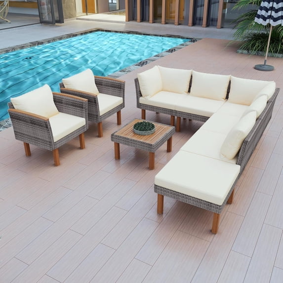Roomfitters GO 9-Piece Patio Rattan Furniture Set, Outdoor Conversation Set with Acacia Wood Legs and Tabletop, PE Rattan Sectional Sofa Set with Coffee Table, Washable Cushion, Beige