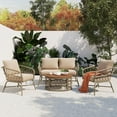 thumbnail image 1 of Roomfitters Bohemia-inspired 4-Person Outdoor Seating Group with Removable Cushions, Conversation Patio Set with Wood Tabletop, Beige, 1 of 9