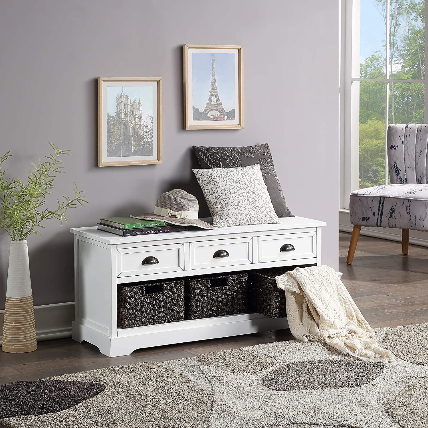 Roomfitters Homes Collection Wood Storage Bench with 3 Drawers and