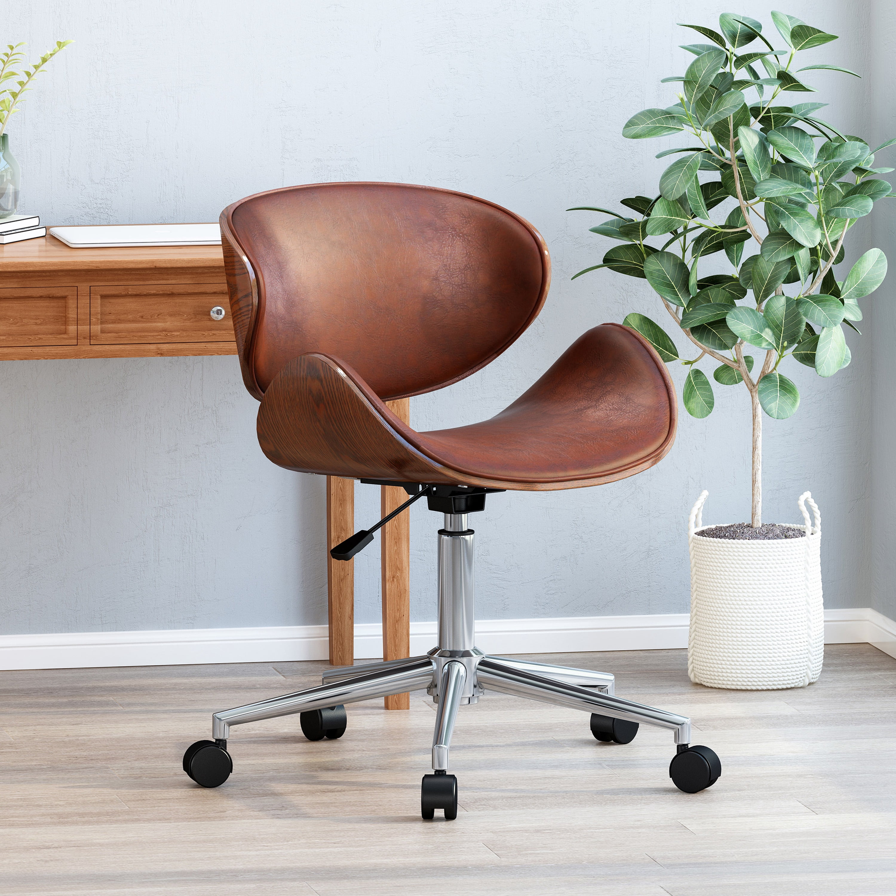 Roomfitters Mid-Century Modern Office Chair with Walnut Bentwood Design