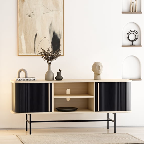 Roomfitters Mid Century Modern TV Stand with Tambour Door for TVs up to 65", Sideboard Buffet Tambour Cabinet with Sliding Door, Entertainment Center for Living Room, Media Console with Storage, Black