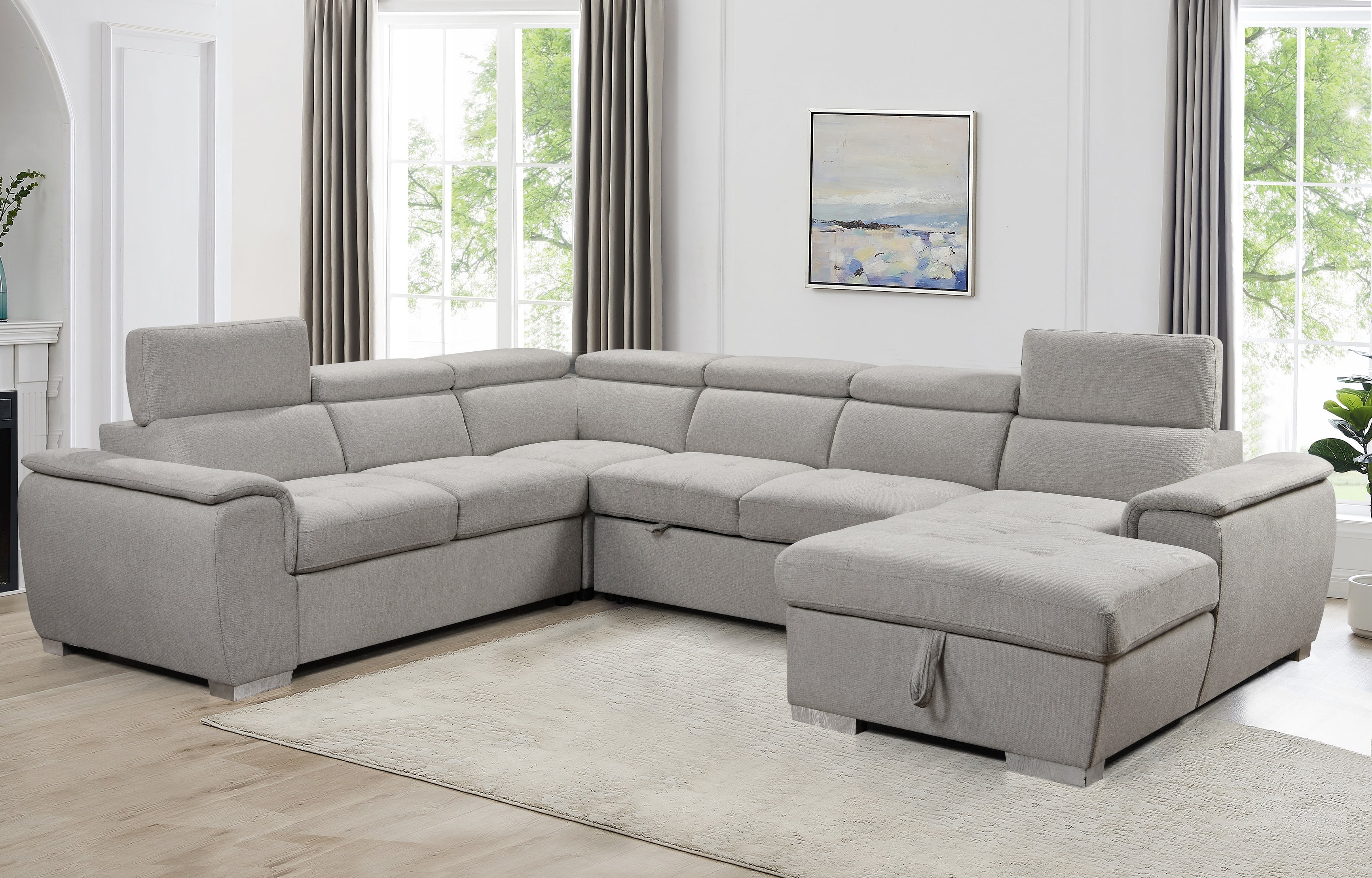125 Modern U Shaped 7 seat Sectional Sofa Couch with Adjustable Headrest Sofa Bed with Storage Chaise Pull Out Couch Bed for Living Room Beige
