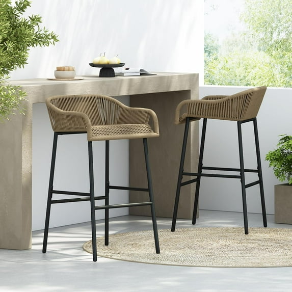 Roomfitters Outdoor Rope Barstool Set of 2, Powder-Coated Iron Frame with Woven Polyester Rope, Stylish and Comfortable Seating for Patio, Garden, or Poolside, Natural