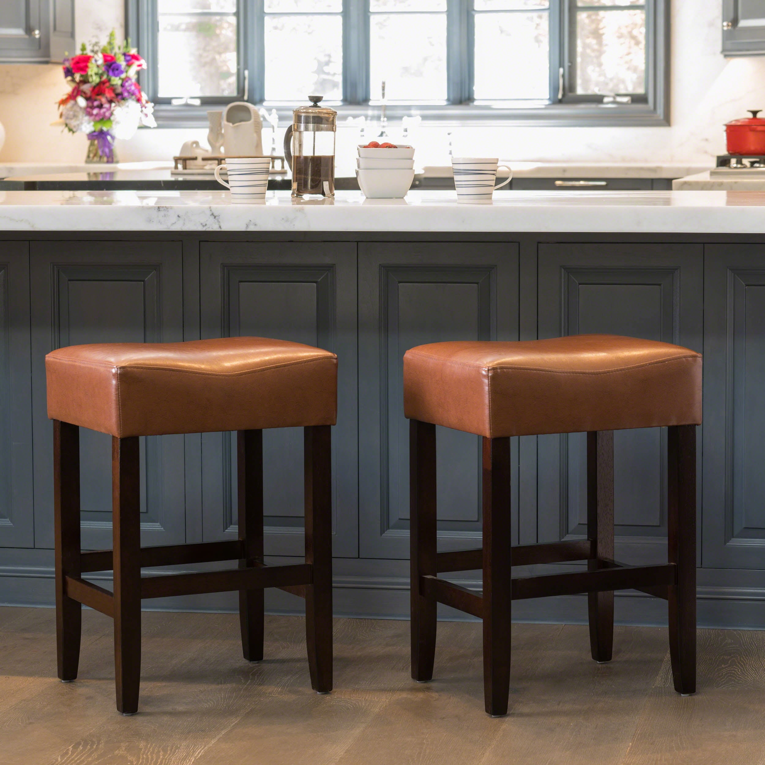 Roomfitters Set of 2 Faux Leather Saddle Bar Stools with Padded Seat ...