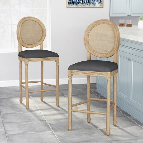 Roomfitters Set of 2 French Country Style Bar Stools with Upholstered Seat, Round Cane Backrest, Solid Wood Legs, Elegant Vintage Design for Kitchen Island, Bar, or Dining Room