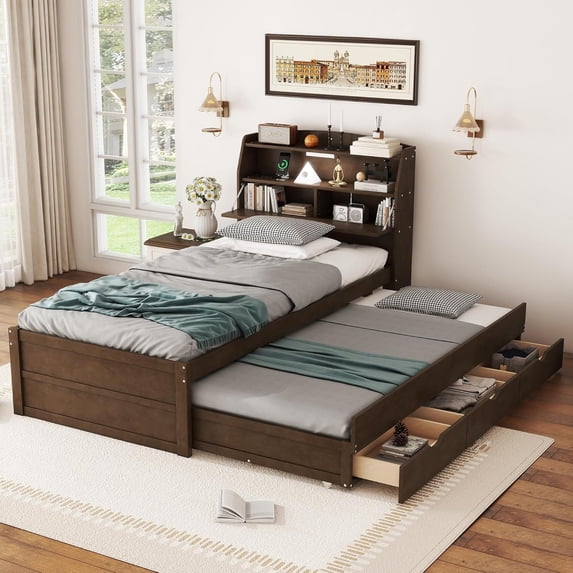 Roomfitters Twin Size Wooden LED Platform Bed with Trundle, Storage Headboard, and Drawers, Ideal for Maximizing Space in Bedrooms, Stylish and Functional Design, Brown