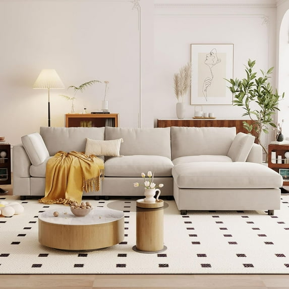 Roomfitters Upholstery Convertible Sectional Sofa, L-Shaped Couch with Reversible Chaise for Modern Living Rooms, Beige