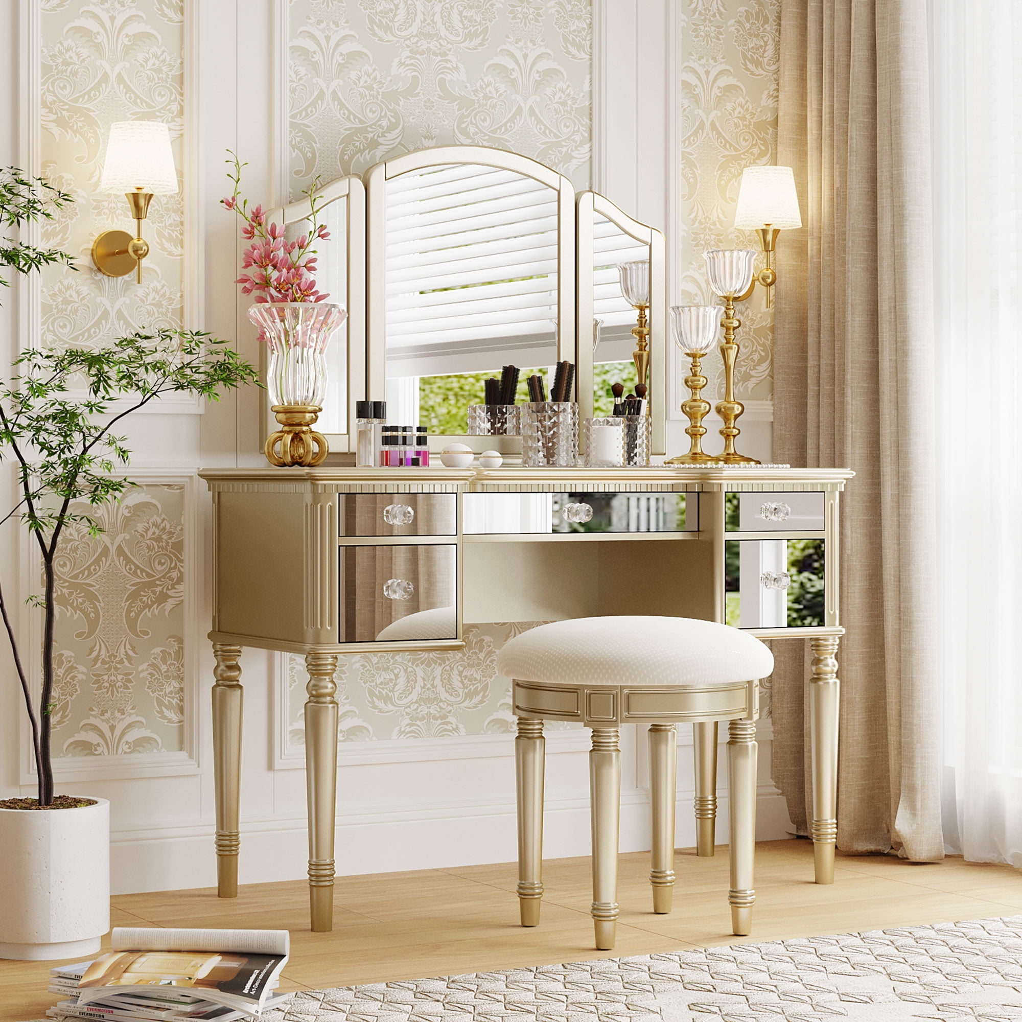 Roomfitters Vanity Desk Set with Mirror And Stool, Makeup Vanity Table With Drawers, Dressing Table Set for Bedroom, Tri-Fold Mirror, Stool Included, Rose Gold