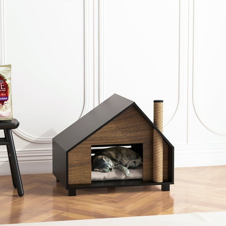 Roomfitters Wooden Cat House Cat Condos for Indoor Cats Cat Lodge Feral Cats Shelter in Winter Pet House for Animals Rabbit Hideout Modern Style Cottage Look Black Walnut Walmart