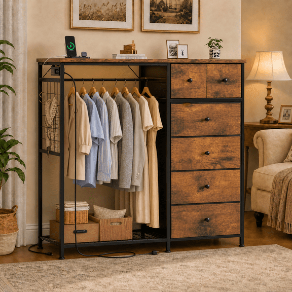 Roomisland 6 Drawer Dresser with Charging Station and LED Lights, Fabric Dresser with Hanging Rack, Closet Organizer Storage Tower for Bedroom, Living Room, Apartment