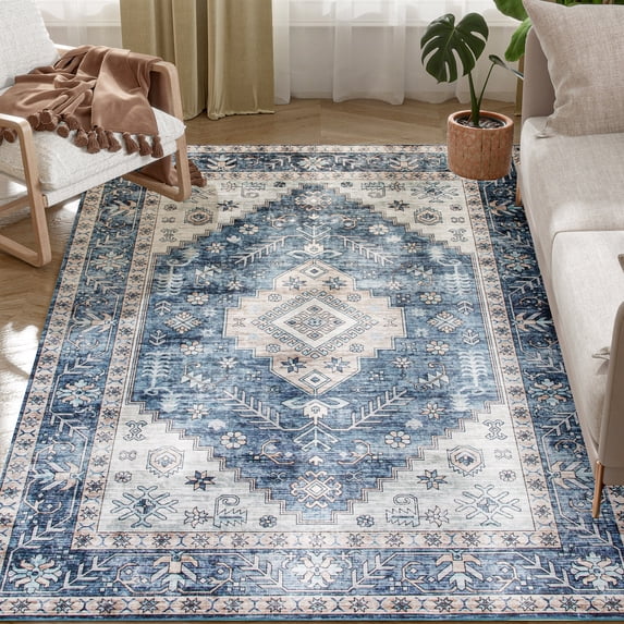 Roomisland Area Rug 4x6ft Machine Washable Non-Slip Traditional Chenille Floor Carpet for Living Room Bedroom, Blue