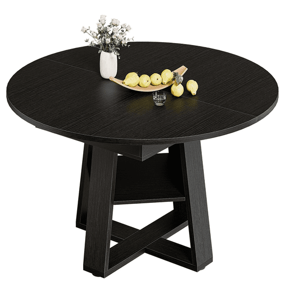 Roomisland Extendable Round Dining Table for 4-8, Modern Oval Kitchen Table with Storage Shelf, Space Saving Wood Pedestal Table for Kitchen Living Room