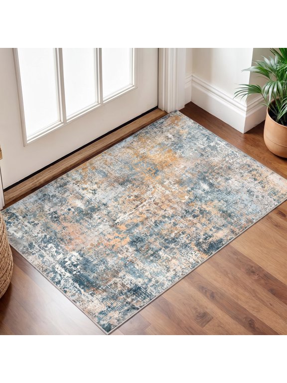 2'x3' Modern Abstract Area Rug, Machine Washable with Rubber Backing, Low Profile Neutral Rug for Bathroom, Kitchen, Entryway