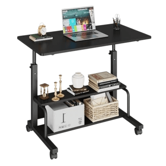 Roomisland Portable Rolling Desk on Wheels, 32" Height Adjustable Mobile Laptop Table with 2-Tier Storage, Lockable Wheels Computer Desk for Small Space Home Office Black