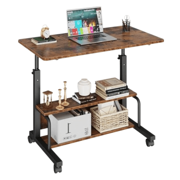 Roomisland Portable Rolling Desk on Wheels, 32" Height Adjustable Mobile Laptop Table with 2-Tier Storage, Lockable Wheels Computer Desk for Small Space Home Office Brown