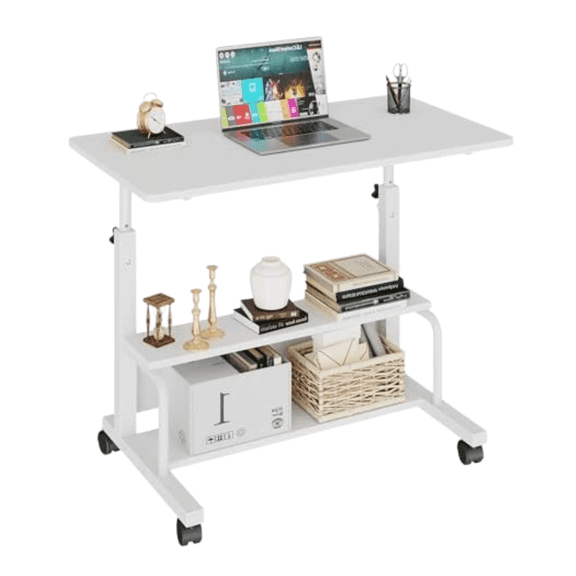 Roomisland Portable Rolling Desk on Wheels, 32" Height Adjustable Mobile Laptop Table with 2-Tier Storage, Lockable Wheels Computer Desk for Small Space Home Office White