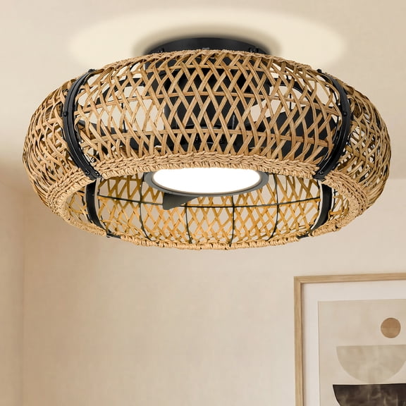 Roomratv 20'' Bamboo Caged Ceiling Fan with Remote, Farmhouse Fandelier Ceiling Fan with Lights Flush Mount, ,Enclosed Small Fan Light Fixtures Low Profile for Rustic Bedroom Kitchen